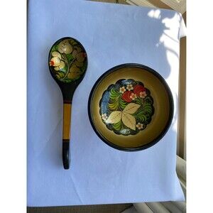 Vintage Russian Khokhloma Wood Hand Painted Lacquered bowl and spoon